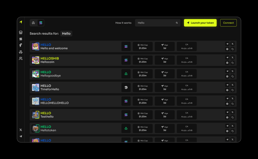 Search results across chains, each row carrying market cap, age and contract address in aligned columns