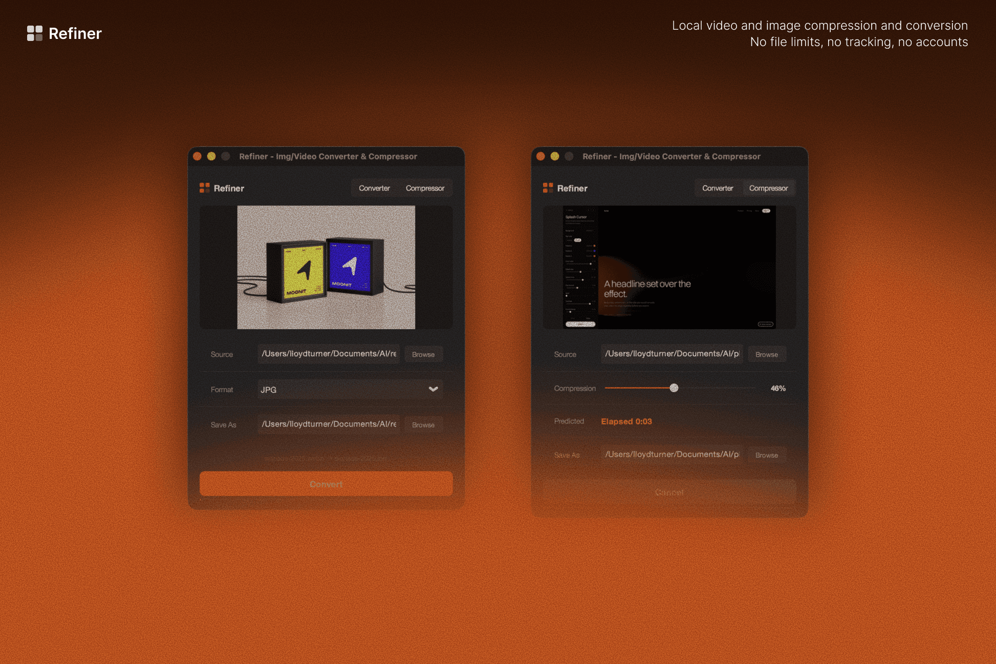 The Refiner interface — converter and compressor side by side, showing a file loaded with preview, format picker and compression slider